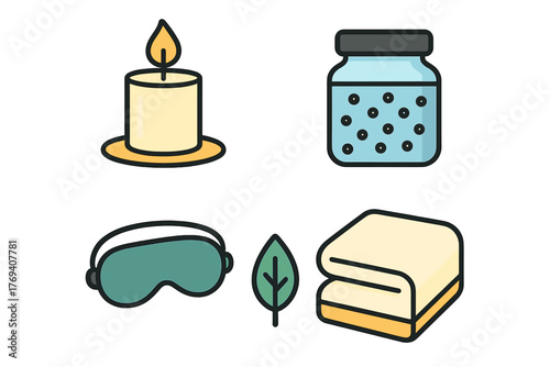 Collection of spa and relaxation items including candle, sleep mask, towel, and essential oil jar