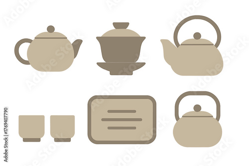 Traditional Asian tea ceremony utensils including teapots, cups, gaiwan, and serving tray