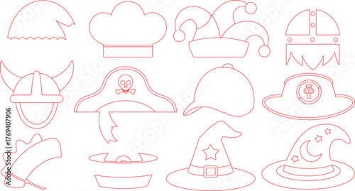 Outlined Red Hats Chef, Pirate, Jester, Viking, Firefighter, Witch, and More Costumes