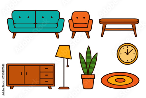 Colorful set of vintage style interior elements sofa armchair cabinet table clock and rug