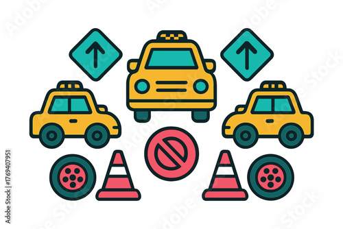 Colorful flat icons for urban transportation, road safety and traffic rules