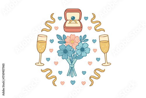 Romantic arrangement with flower bouquet, engagement ring, and champagne flutes