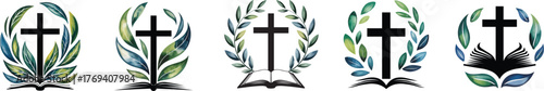 Collection of bible and cross, showcasing various shapes and colors, vector illustration.