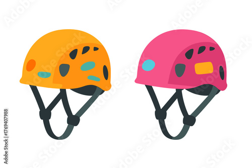 Bright orange and pink protective helmets for rock climbing and mountaineering safety gear
