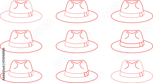 Pattern of Nine Red Outline Fedora Hats with Dark Band on a White Background