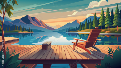 Very beautiful scenic lake view featuring a wooden dock and an Adirondack chair on a warm summer day, surrounded by calm blue water, lush green trees, and peaceful natural serenity.