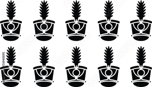 Pattern of Black Drum Major Hats with Feather Plumes on a White Background Displayed
