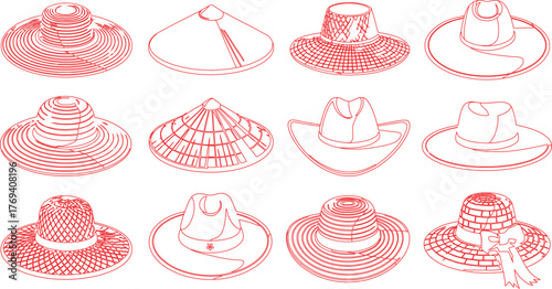 Red Line Art Assorted Hats Collection Featuring Boaters, Conical Hats, and Cowboy Hats