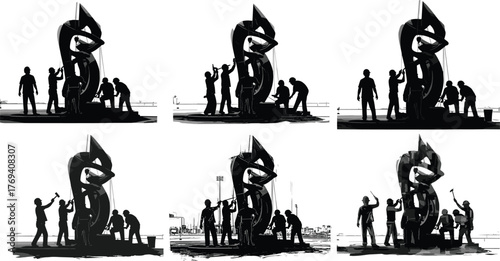 Silhouette vector illustration of people observing modern abstract sculpture in public plaza, art appreciation, architecture, teamwork, discussion, creativity, culture, and design