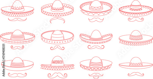 Red Line Art of Traditional Mexican Sombreros and Moustaches on a White Background