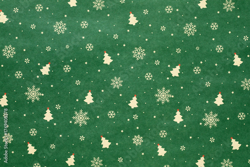 Green Christmas background with snowflakes and christmas trees,seamless pattern of christmas trees and snowflakes on green background,Christmas wrapping paper, Xmas pattern with ornaments.