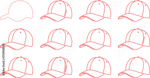 Red Outline Baseball Cap Progression From Simple Sketch to Detailed Design on White Background