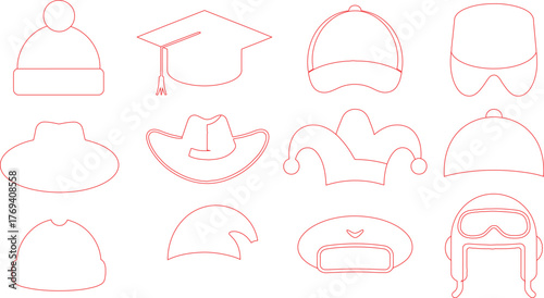 Red Outline Collection Winter, Graduation, Cowboy, Jester, and Aviator Hats Illustrations