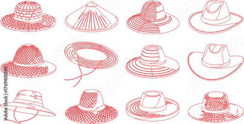 Red Outline Drawing of Various Hats Conical, Straw, Cowboy, and Other Styles Displayed