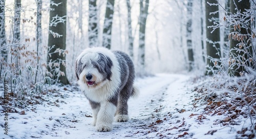 Old English Sheepdog walking along snowy forest path in winter  