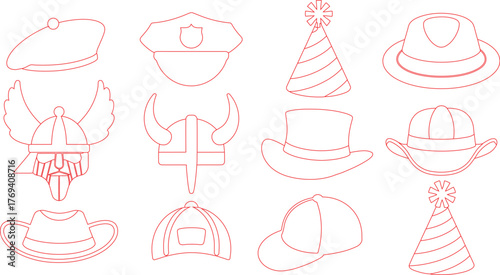 Red Outline Hats Beret, Police Cap, Party Hats, Cowboy, Viking, Baseball Cap