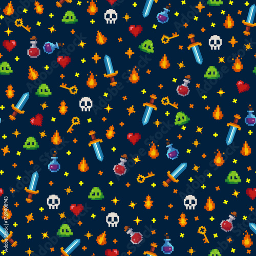 Pixel Art Video Game Icons Seamless Pattern Swords, Potions, Skulls, Hearts, and Flames