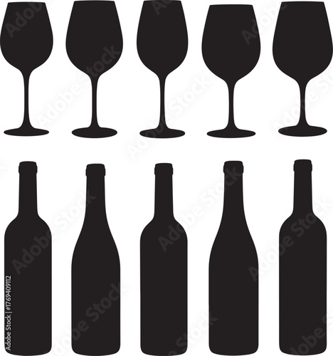 wine bottles and glasses, vector editable silhouette