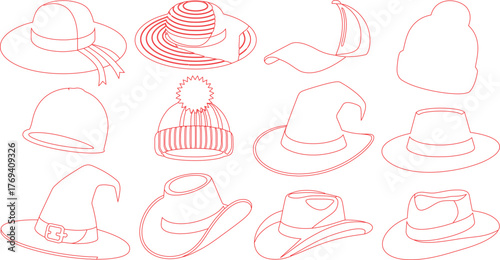 Red Outline Illustration of Twelve Different Hats, Including Sunhat, Beanie, and Cowboy Hat