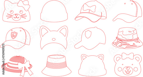 Red Outline Illustration of Twelve Varied Hat Designs, Including AnimalThemed and BowAdorned Styles