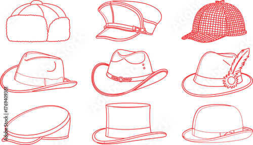 Red Outline Illustration of Nine Different Hats Ushanka, Sherlock, Cowboy, and More