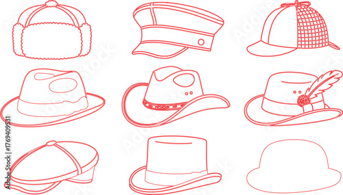 Red Outline Illustrations of Varied Hat Styles Ushanka, Sherlock Holmes, Cowboy, and More