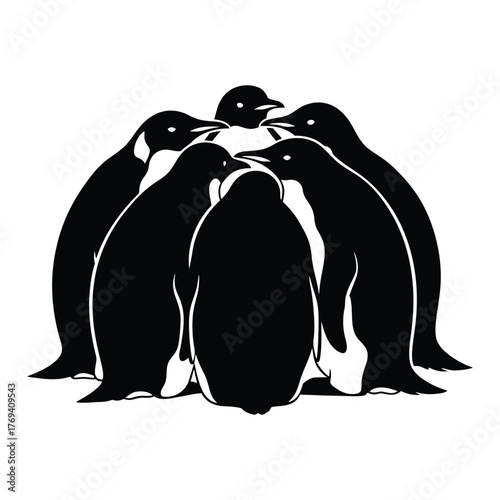 Penguins Huddle Silhouette Vector | Teamwork, Unity, Warmth, and Wildlife Conservation Concept