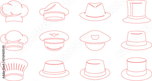 Red Outline Illustration of Various Hats Chef Hats, Fedora, Top Hats, and Pilot Cap