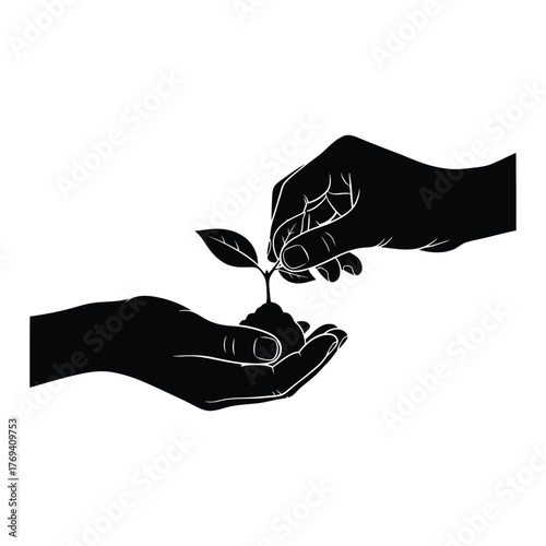 Hands Holding Seedling Vector Silhouette | Planting, Growth, Ecology, and Care Concept