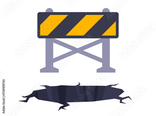 Fencing a pothole in the road. Flat illustration.