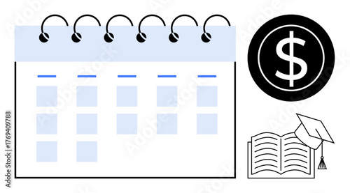 Calendar with spiral binding, dollar sign symbolizing finance, and open book with graduation cap. Ideal for education, budgeting, financial planning, scheduling, deadlines, organization savings