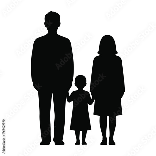 Family with One Child Silhouette Vector | Parents Holding Kid's Hand, Family Unit Icon