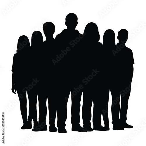 Diverse Young People Group Silhouette Vector | United Team, Community, and Student Crowd