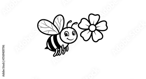 Bee and Flower Illustration - A Simple Black and White Design.