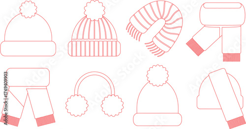 Red Outline Set Featuring Winter Hats with Pompoms, Scarves, and Earmuffs on White