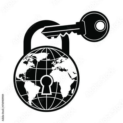 Global Security World Map Padlock with Key Vector | Cyber Safety and Unlock Solution Icon