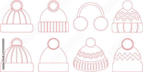 Red Outline Winter Hats and Earmuffs Illustration on White Background for Creative Projects