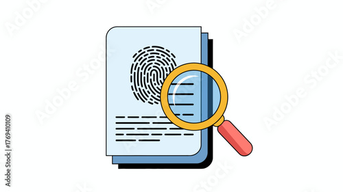 Magnifying glass examining a fingerprint on a document symbolizing investigation evidence and identification processes