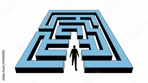 Silhouette of a person walking into a blue and black maze symbolizing challenges and decision making