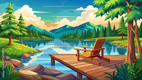 Very beautiful scenic lake view featuring a wooden dock and an Adirondack chair on a warm summer day, surrounded by calm blue water, lush green trees, and peaceful natural serenity.