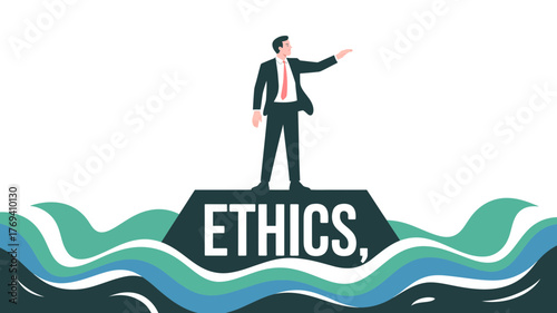Businessman standing on a platform labeled ethics pointing forward with a determined gesture amidst stylized waves representing challenges