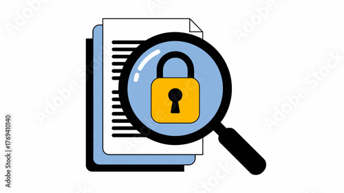 Magnifying glass examining a stack of documents with a locked padlock symbol representing data security and privacy protection concept