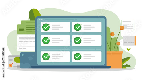 Digital checklist on a laptop screen with completed tasks and organized lists representing productivity and successful project completion