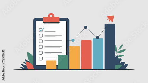 Business growth chart with checklist and rising arrow indicating success and progress in a modern flat design style