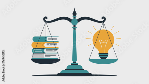 A balanced scale showing a stack of books on one side and a glowing light bulb on the other representing the value of knowledge and ideas