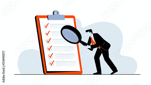 Businessman with magnifying glass meticulously reviewing a completed checklist on a clipboard symbolizing thoroughness and attention to detail in business tasks