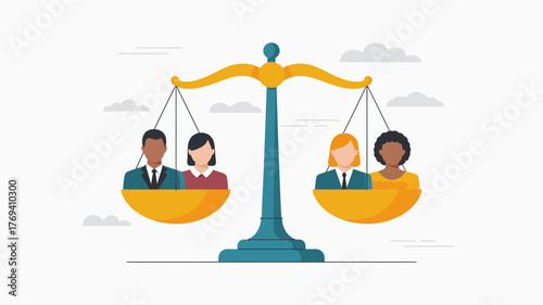 Diverse group of people representing equality and fairness on a balanced scale with clouds in the background