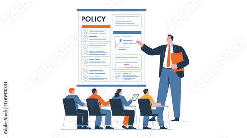 Business professional presenting company policy and guidelines to a diverse group of employees in a training session