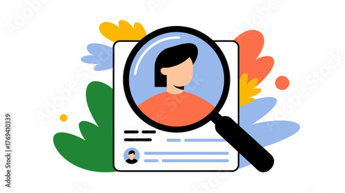 Magnifying glass examining a profile picture on a resume or application with colorful abstract shapes in the background