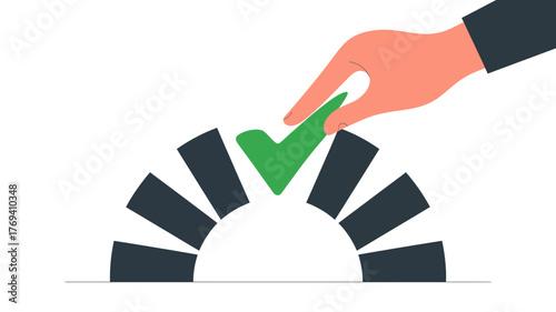 Hand placing a green checkmark into a gear like structure symbolizing completion and success